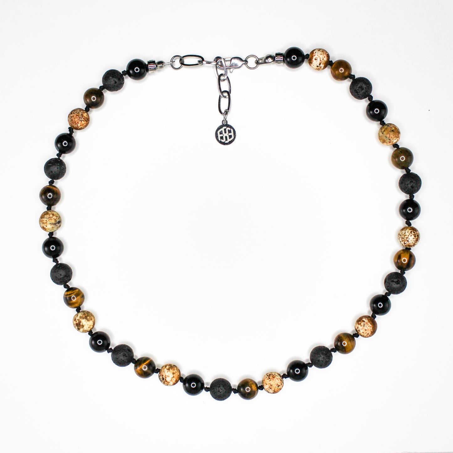 11402 Men's 10mm Handknotted Necklace in Black Onyx, Lava Stone, Tiger’s Eye and Wood Texture Agate