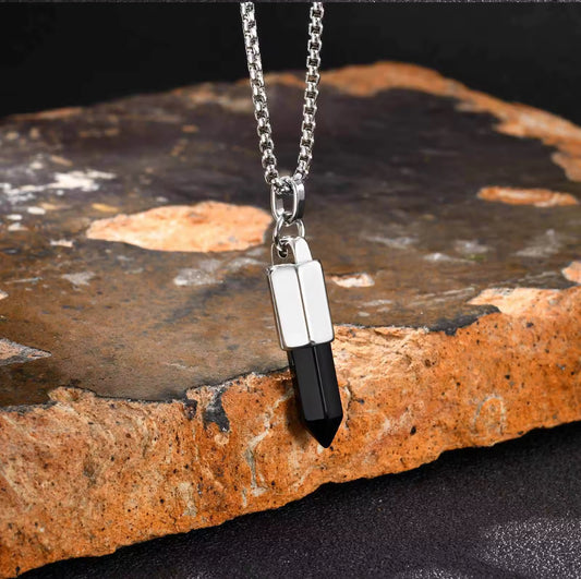 13217 Men’s Black Onyx Bullet Head Pendant Stainless Steel Necklace