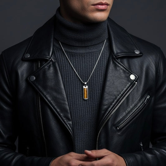 13216 Men’s Tiger’s Eye Rectangle Pendant Stainless Steel Necklace