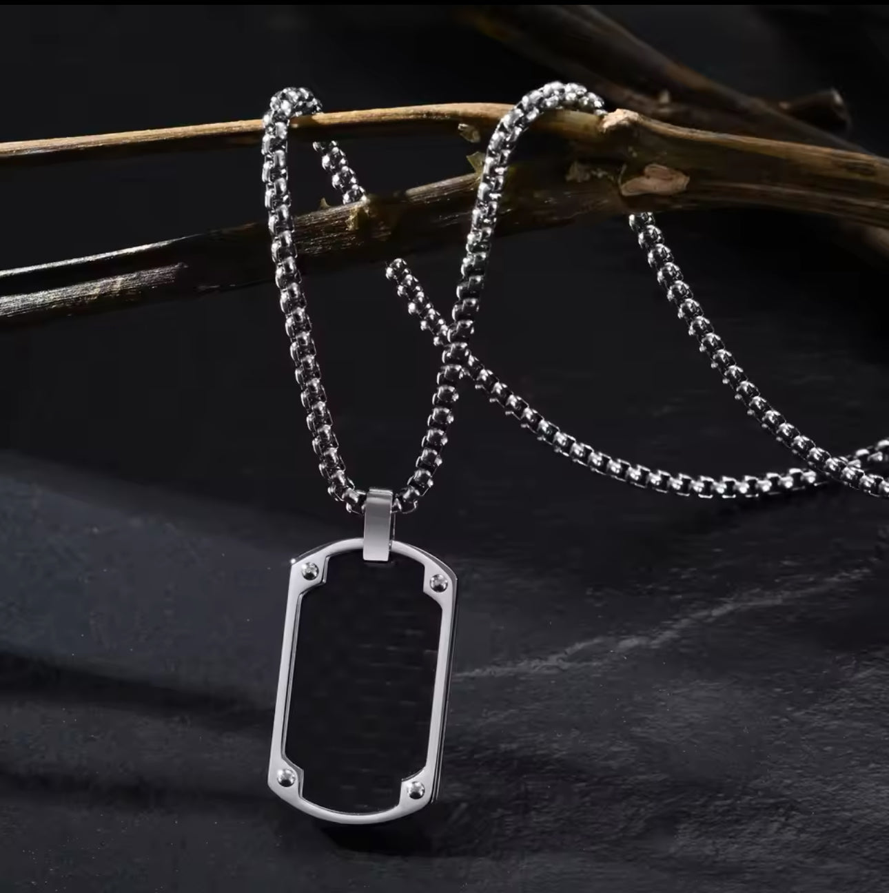 13151 Men’s Long Chain Stainless Steel Necklace with Carbon Fiber Pendant