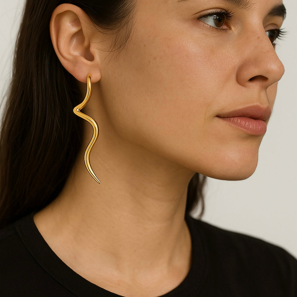 16188 Women’s Golden Serpentina Stainless Steel Gold Plated Stud Long Earrings