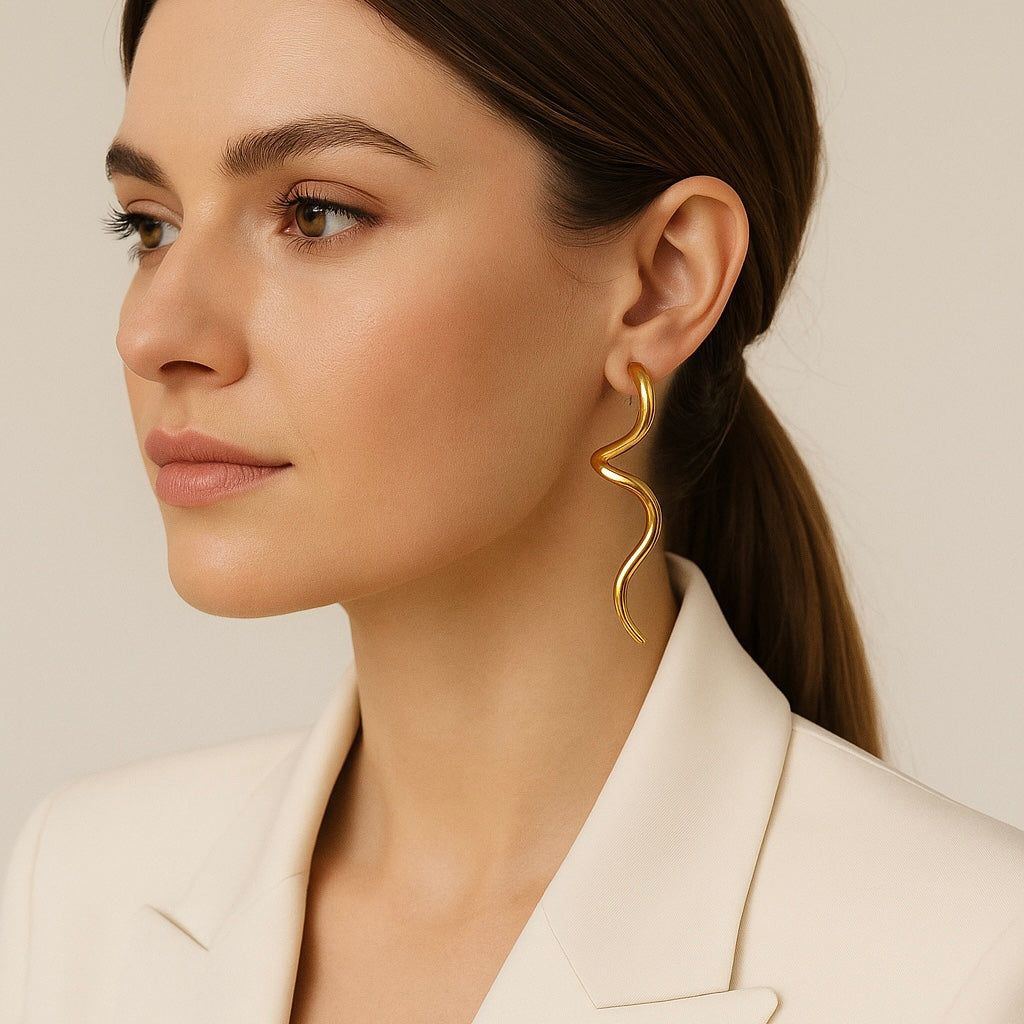16188 Women’s Golden Serpentina Stainless Steel Gold Plated Stud Long Earrings