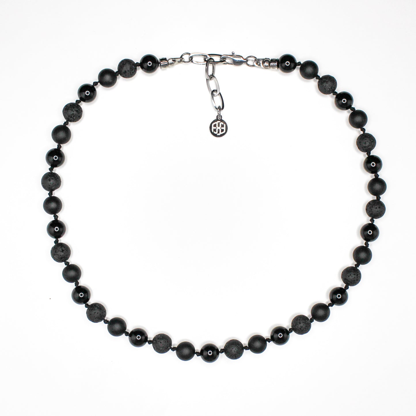 11401 Men's 10mm Handknotted Necklace in Matte Black Onyx, Lava Stone and Black Onyx