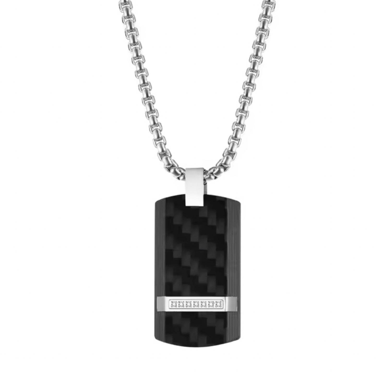 13152 Men’s Long Chain Stainless Steel Necklace with Carbon Fiber Pendant