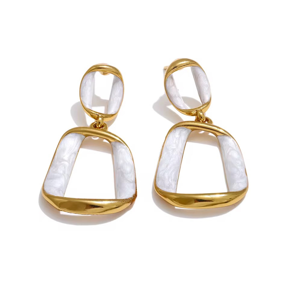 16183 Women’s White Enamel Gold Plated Stainless Steel Hoop Earrings