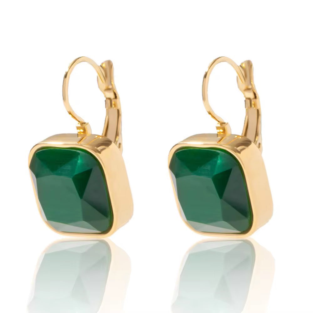 16184 Women’s Green Crystal Rhinestones Gold Plated Stainless Steel Hoop Earrings