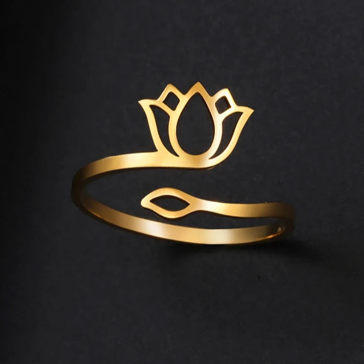 19114 Women’s Adjustable Stainless Steel Gold Lotus Flower Ring
