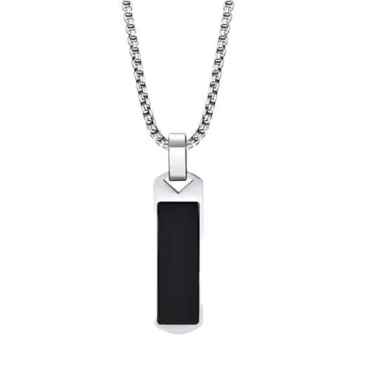 13216 Men’s Black Agate Rectangle Pendant Stainless Steel Necklace