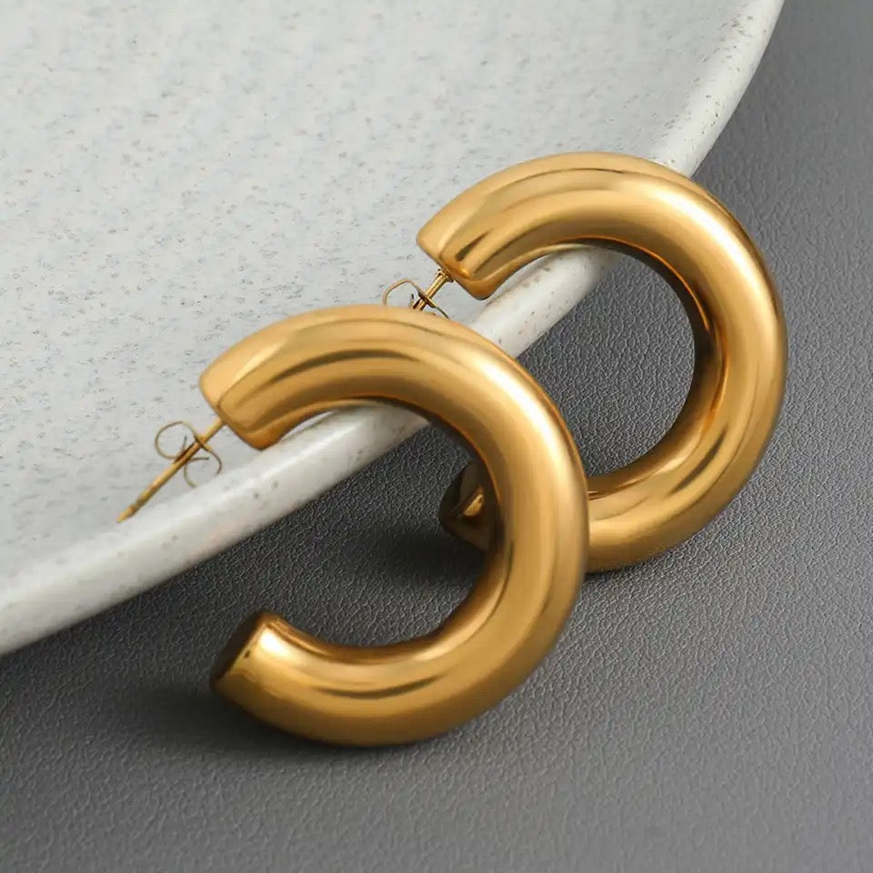 16171 Women’s C Shape Round Gold Plated Stainless Steel Hoops Earrings
