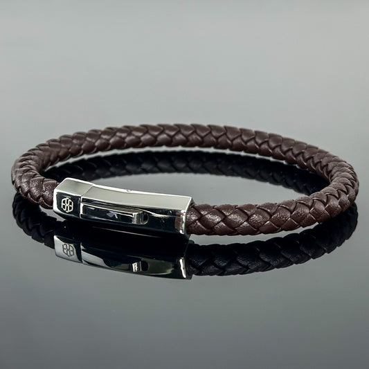 4002 Men’s Plait Round Brown Leather Bracelet with Stainless Steel Clasp