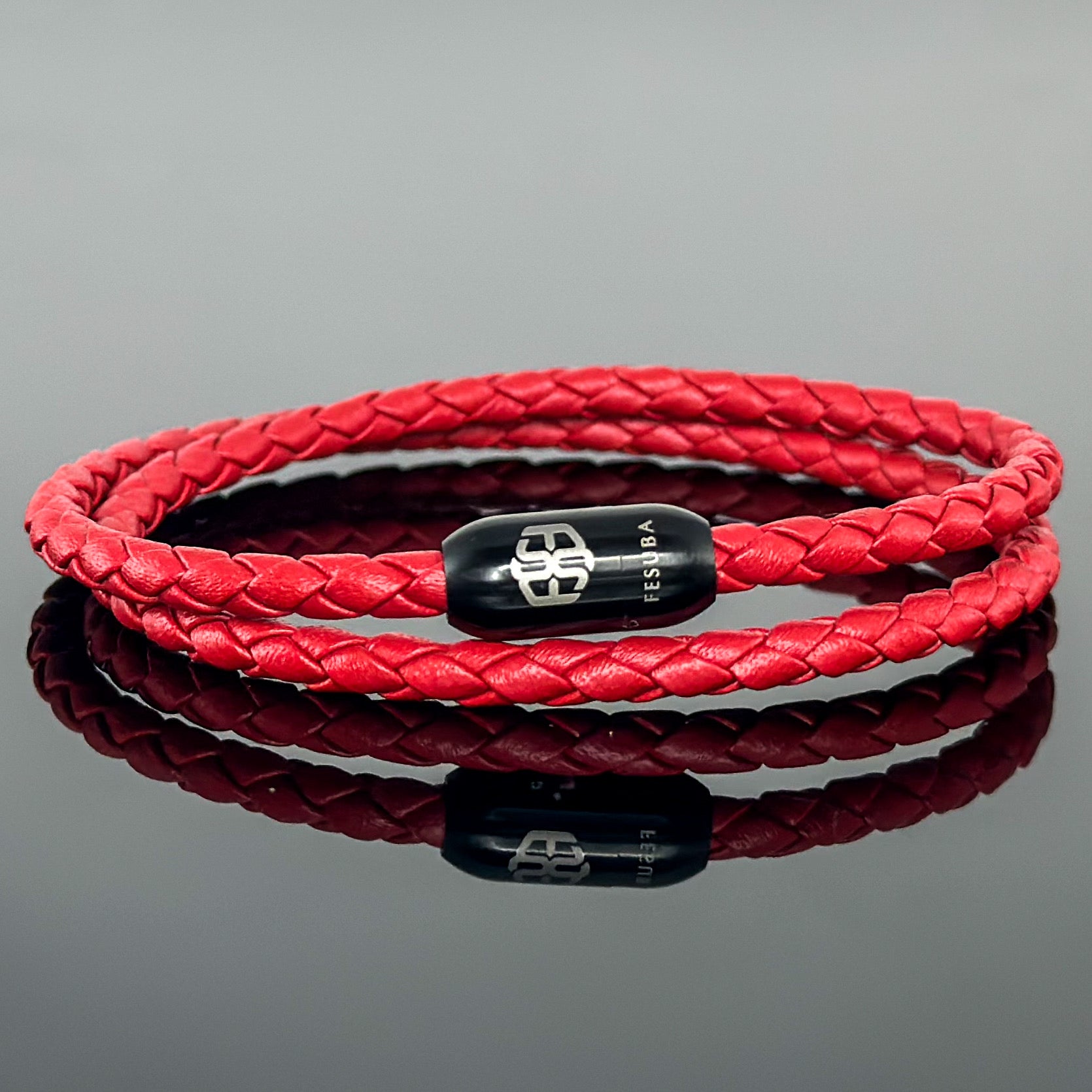 4024 Men’s Double Wrap Red Plaited Leather Bracelet - Main Image