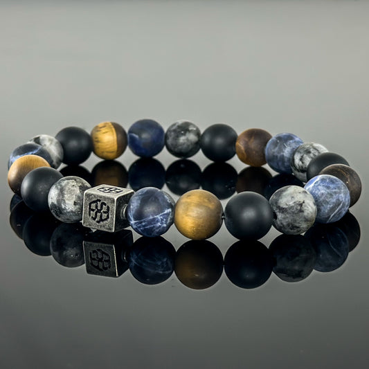 3106 Men's Signature Wristband with Matte Dark Blue Sodalite, Matte Tiger's Eye, Matte Black Onyx, and Matte Larvikite,
