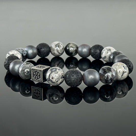 3105 Men's Signature Wristband with Lava Stone, Gray Landscape Jasper, Larvikite, and Matte Black Onyx
