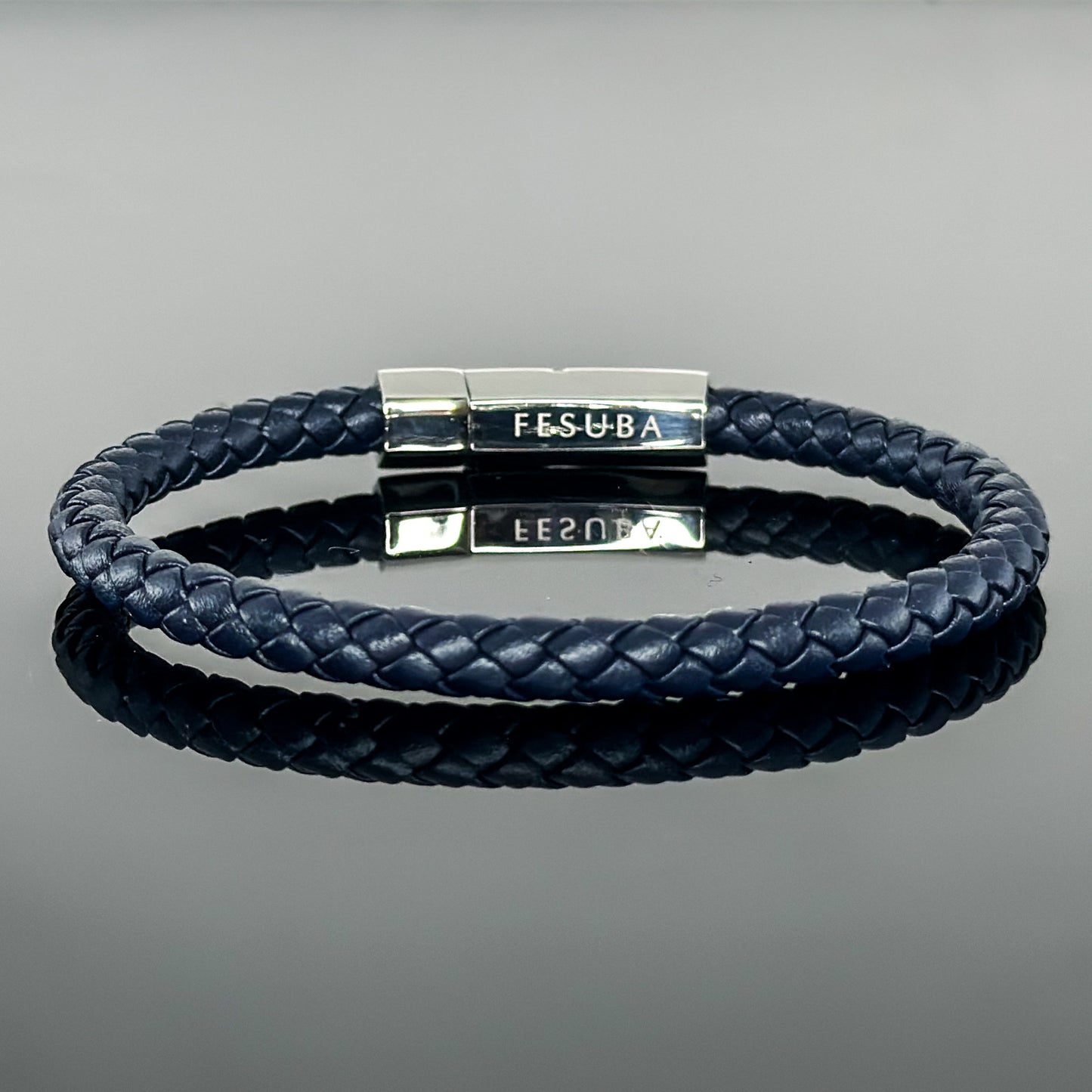 4002 Men’s Plait Round Dark Blue Leather Bracelet with Stainless Steel Clasp