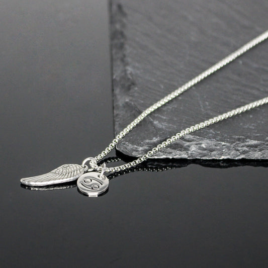 13209 Men’s Zodiac Cancer with Archangel Wing Double Pendant Necklace