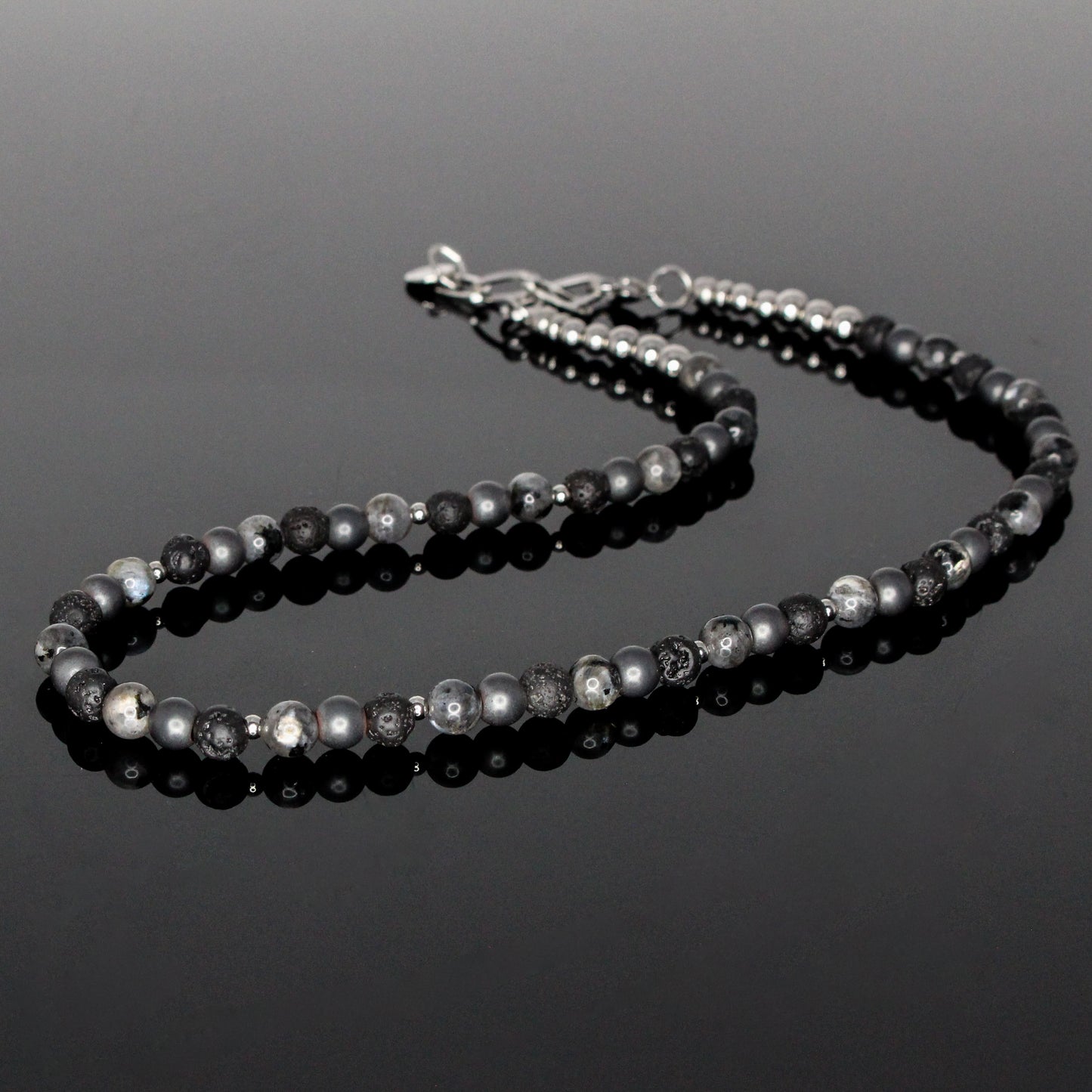 11120 Men's 6mm Beaded Choker Necklace with Lava Stone, Larvikite and Matte Hematite
