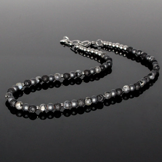 11120 Men's 6mm Beaded Choker Necklace with Lava Stone, Larvikite and Matte Hematite