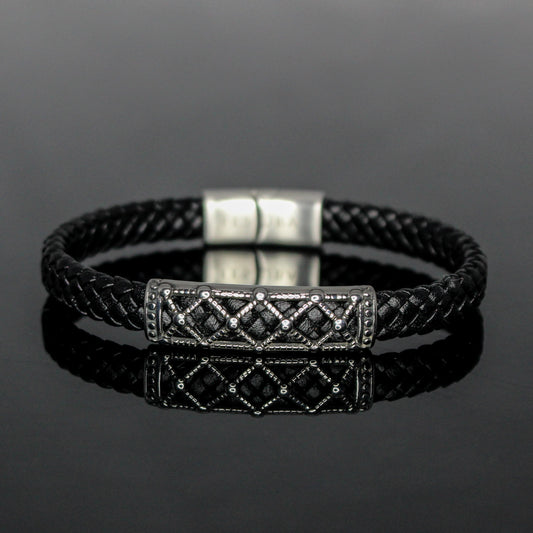 4032 Men’s Flat Black Leather Bracelet with Hollow Steel Design