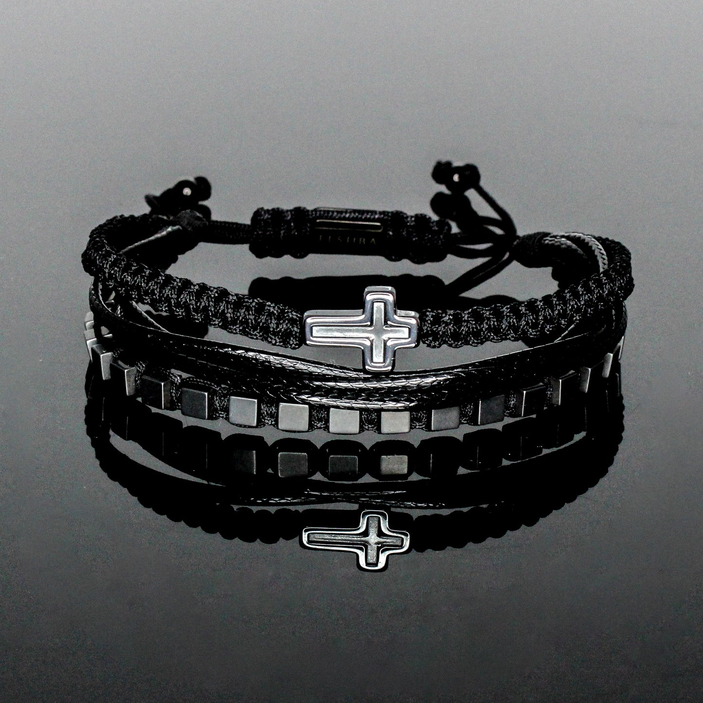 2240 Men’s Multi-layer Bracelet with Matte Cube Hematite and Cross