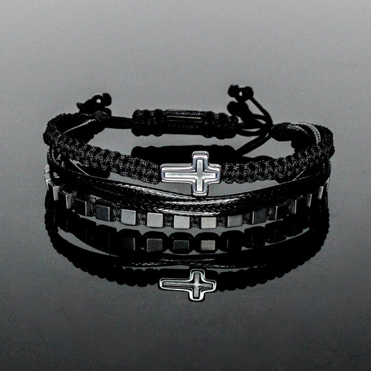 2240 Men’s Multi-layer Bracelet with Matte Cube Hematite and Cross
