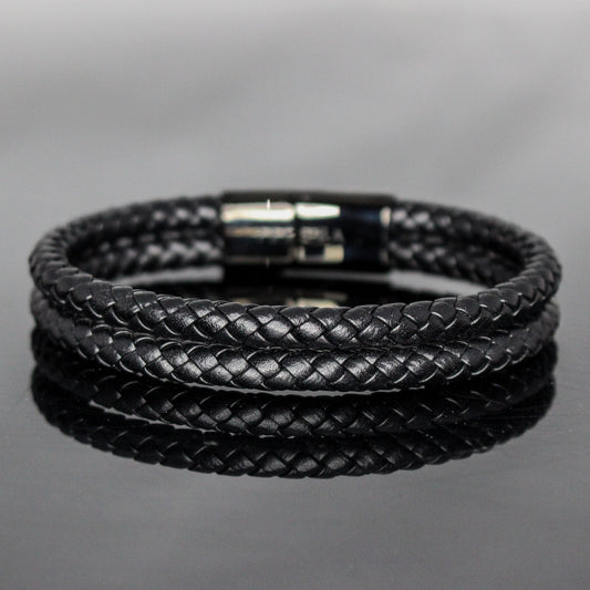 4035 Men’s Double-Layer Black Round Leather Bracelet with Black Slide Clasp