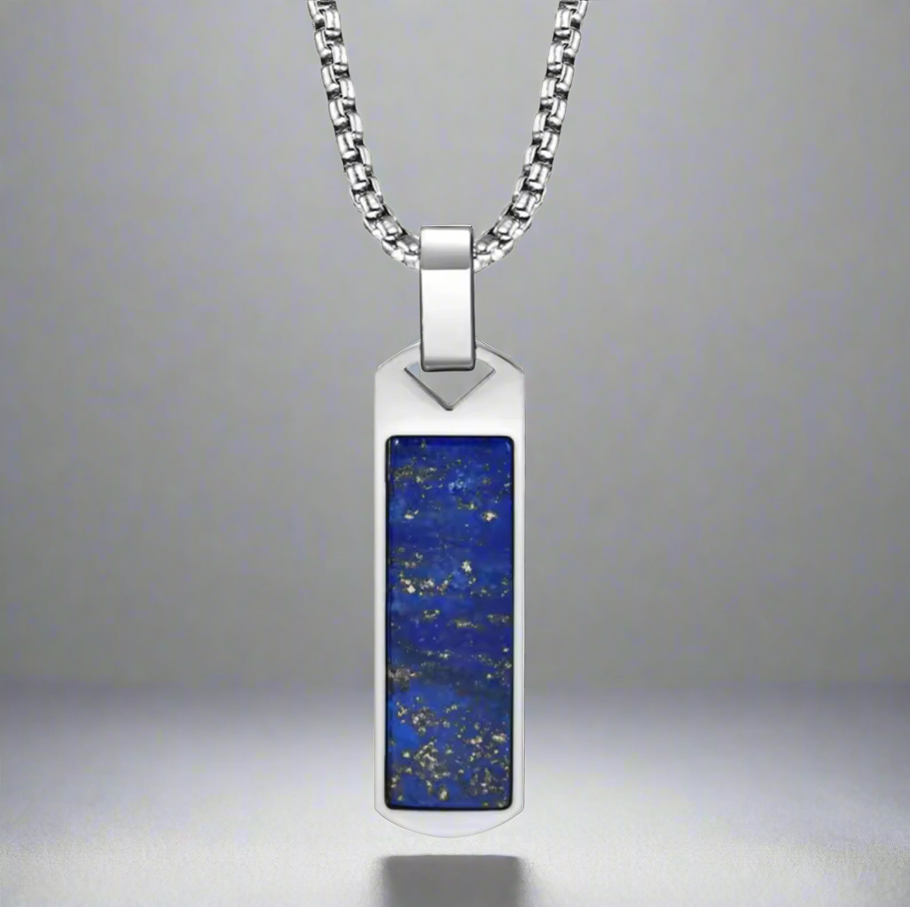 13216 Men’s Lapis Lazuli Rectangle Pendant Stainless Steel Necklace
