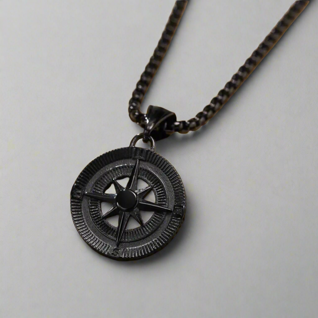 13208 Men’s Necklace Black Stainless Steel with Compass Pendant