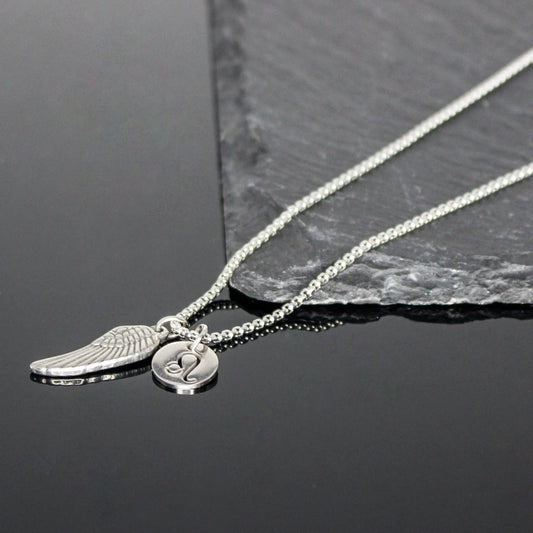 13209 Men’s Zodiac Leo with Archangel Wing Double Pendant Necklace