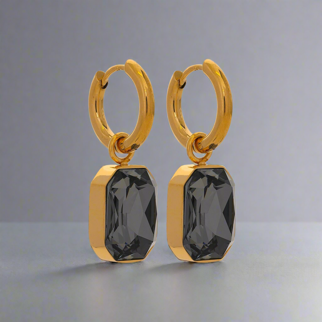 16142 Women’s Black CZ Gold Plated Stainless Steel Drop Earrings