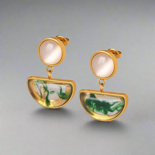 16159 Women’s Opal with Natural Resin Gold Plated Stainless Steel Dangling Earrings