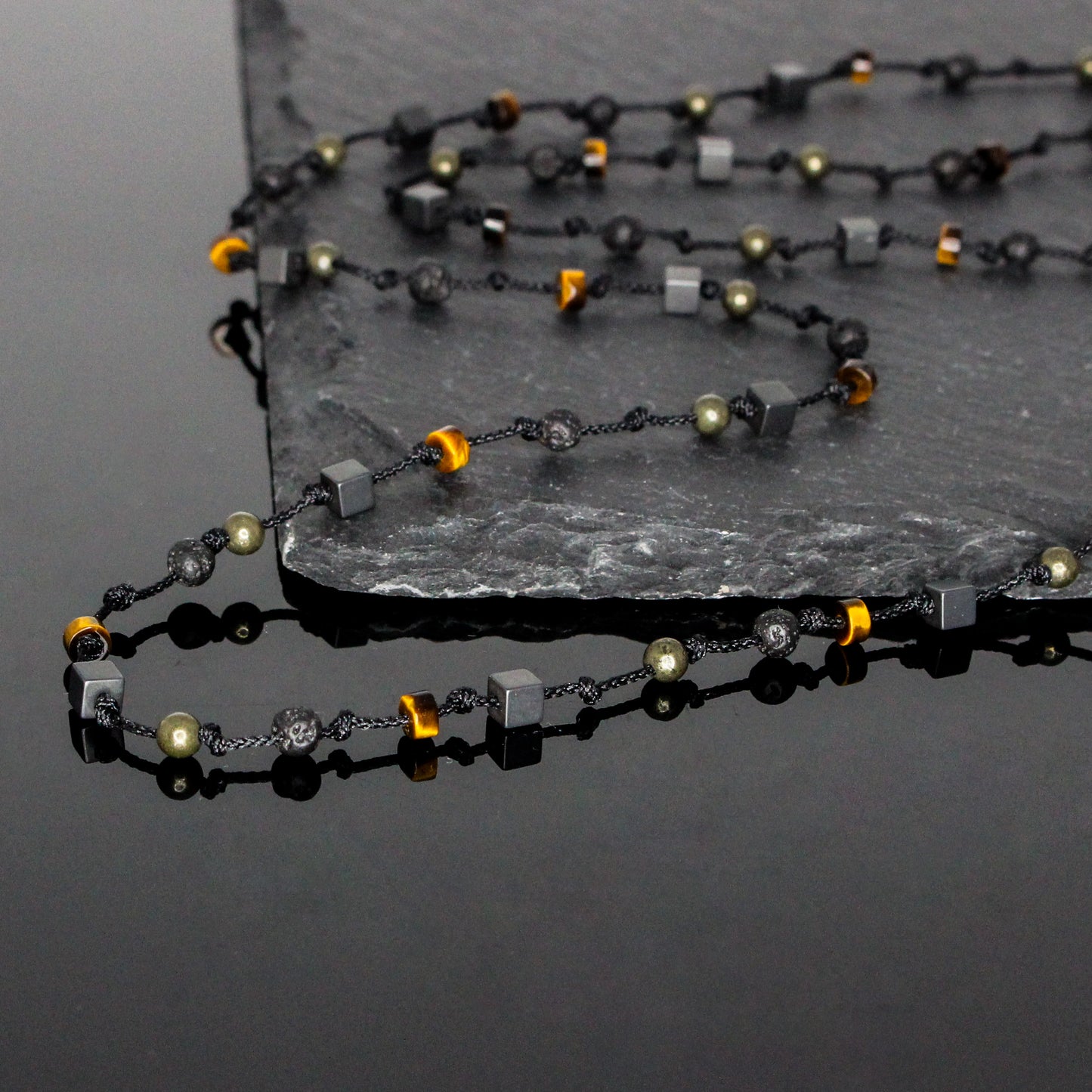 11109 Men's Minimalist Hand-Knotted Necklace with Matte Hematite, Lava Stone, Pyrite and Tiger’s Eye