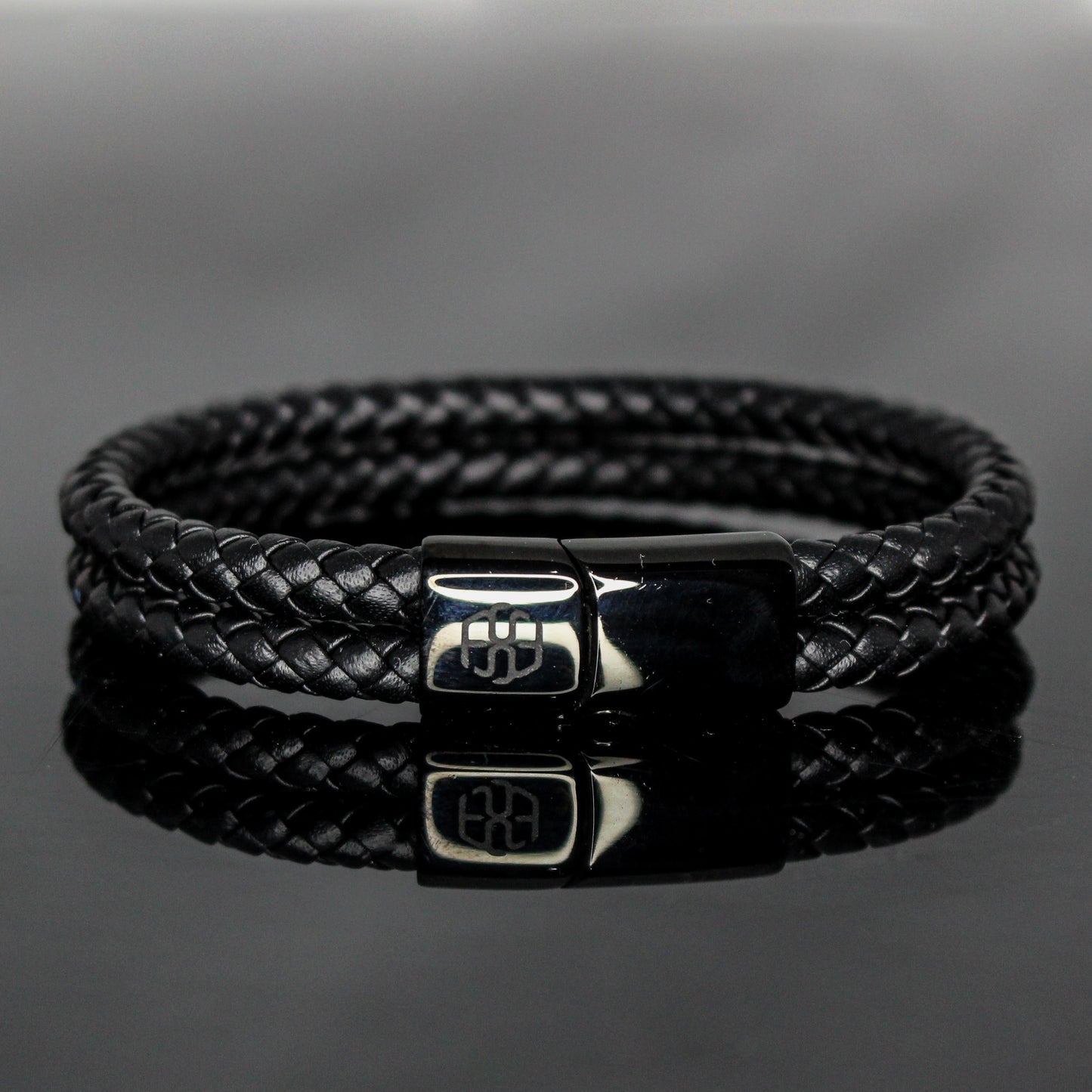 4035 Men’s Double-Layer Black Round Leather Bracelet with Black Slide Clasp