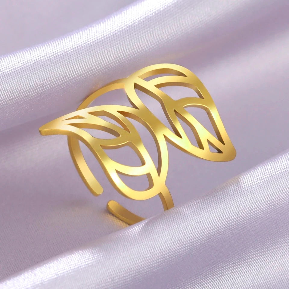 19120 Women’s Adjustable Stainless Steel Gold Twin Leaves Ring