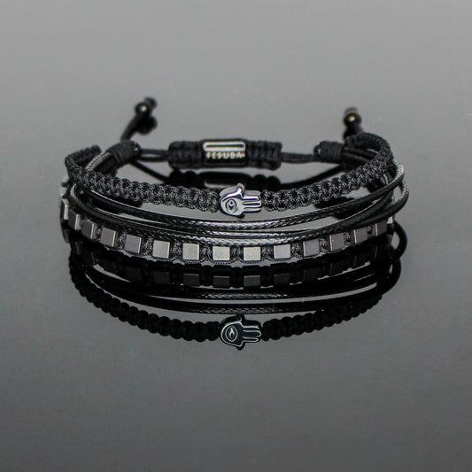 2229 Men’s Multi-layer Bracelet with Matte Cube Hematite and Hamsa Hand
