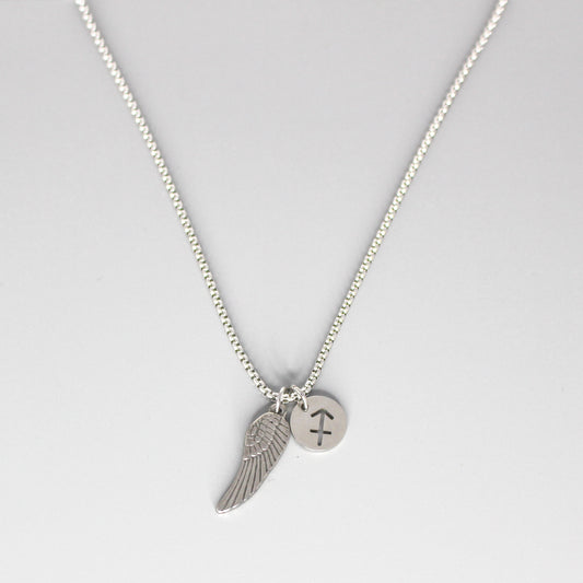 13209 Men’s Zodiac Sagittarius with Archangel Wing Double Pendant Necklace