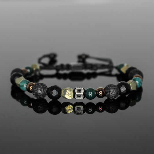 2236 Men’s Mixed Stone Bracelet with Lava Stone, Pyrite, Matte Black Onyx, Moss Agate and Copper Hematite
