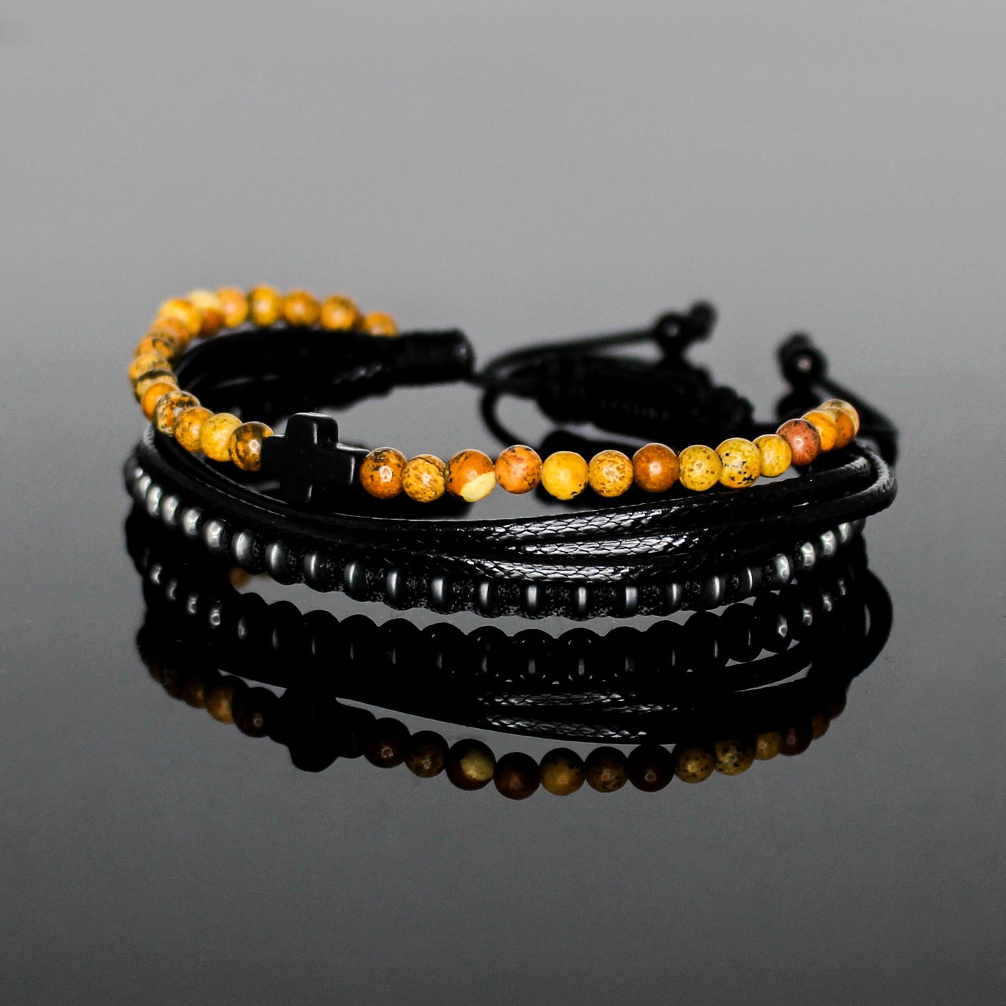 2232 Men’s Black Cross Multi-Layer Bracelet with Picture Jasper and Matte Black Hematite