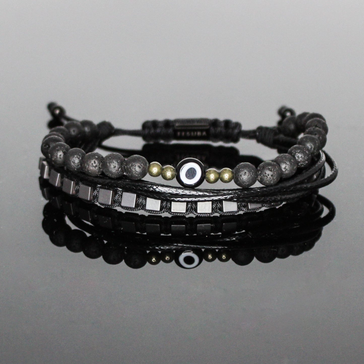 2225 Men’s Black Evil Eye Multi-Layer Bracelet with Lava Stone, Pyrite and Matte Black Hematite