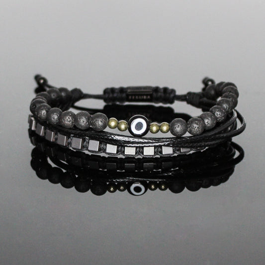 2225 Men’s Black Evil Eye Multi-Layer Bracelet with Lava Stone, Pyrite and Matte Black Hematite