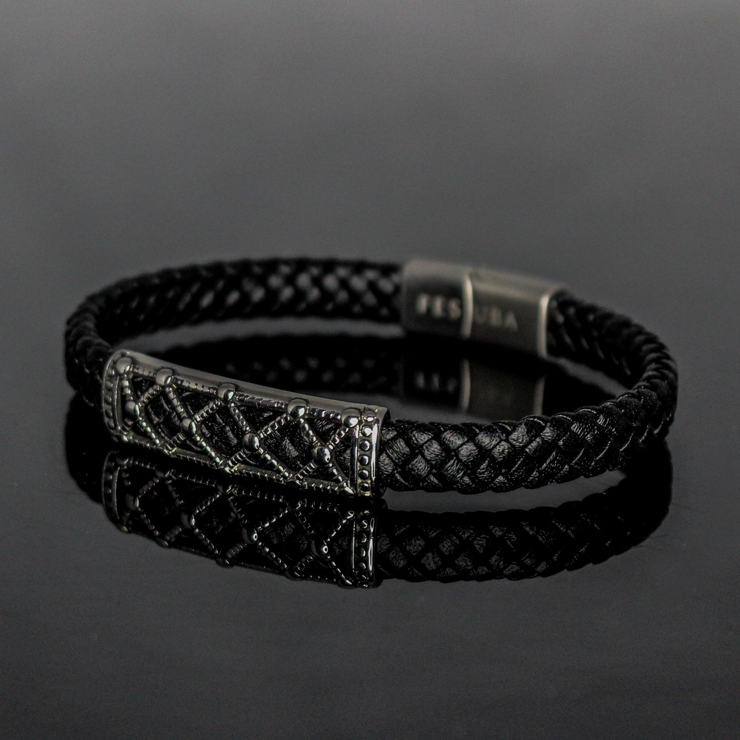 4032 Men’s Flat Black Leather Bracelet with Hollow Steel Design