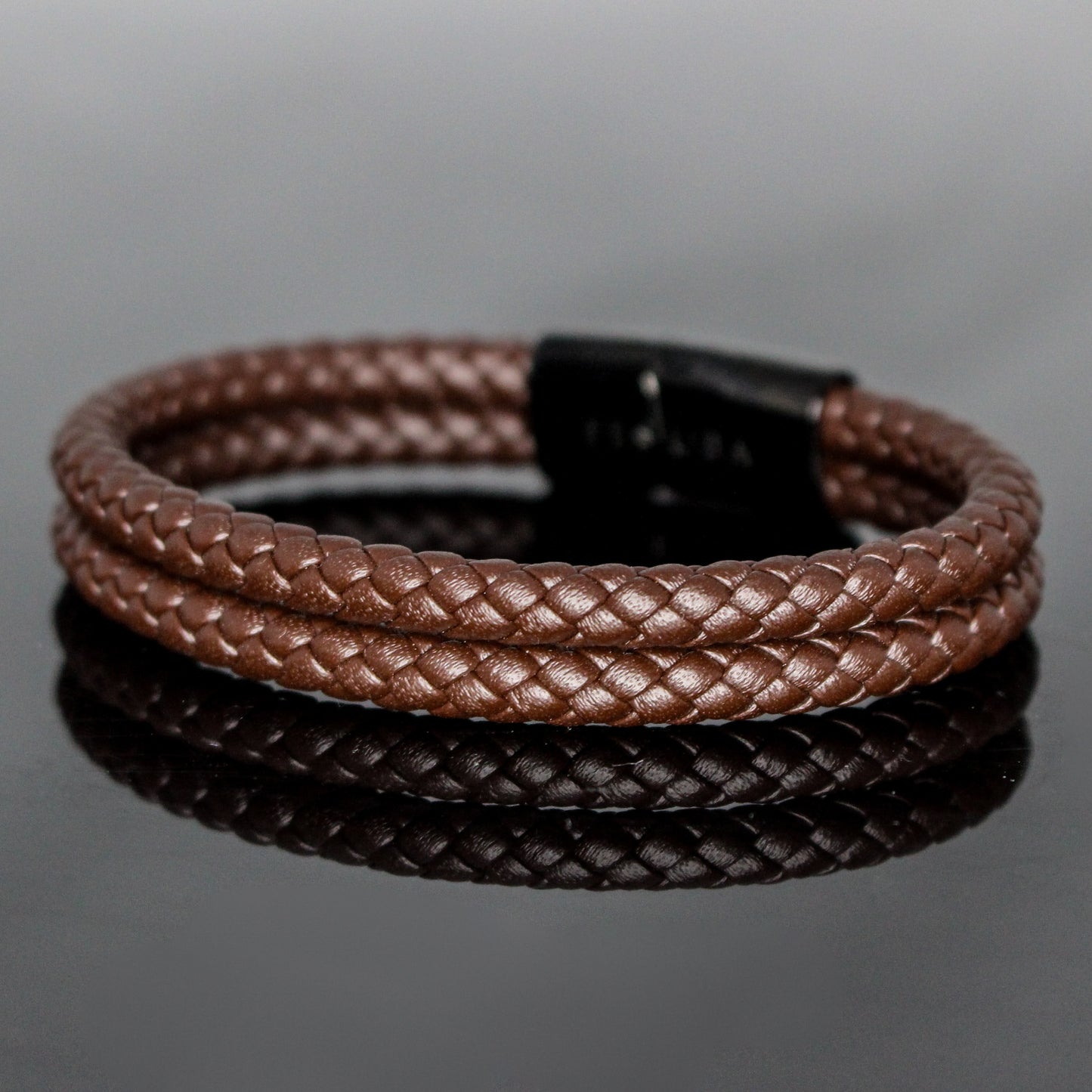 4035 Men’s Double-Layer Brown Round Leather Bracelet with Black Slide Clasp