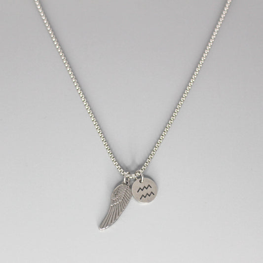 13209 Men’s Zodiac Aquarius with Archangel Wing Double Pendant Necklace