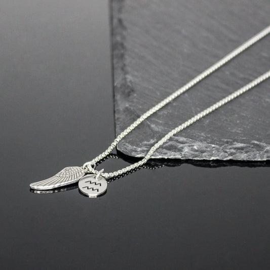 13209 Men’s Zodiac Aquarius with Archangel Wing Double Pendant Necklace