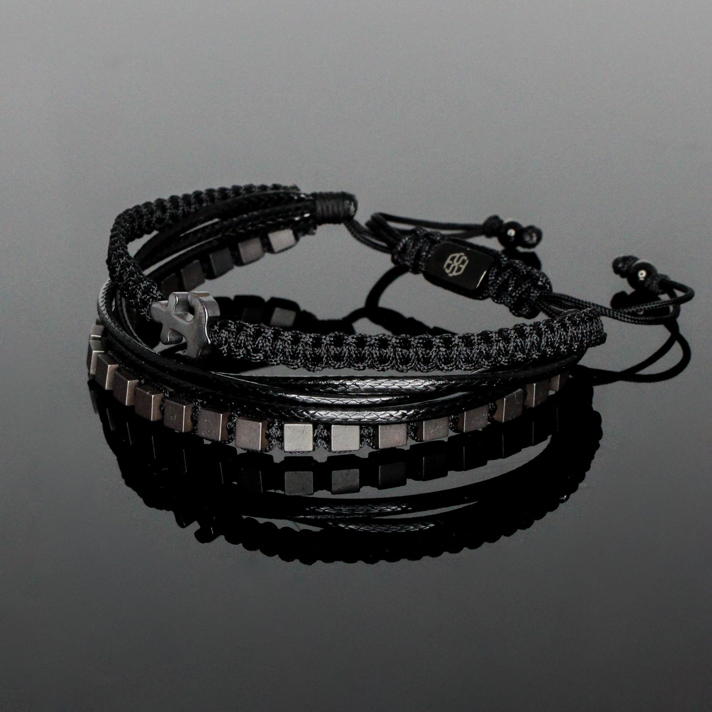 2239 Men’s Multi-layer Bracelet with Matte Cube Hematite and Anchor
