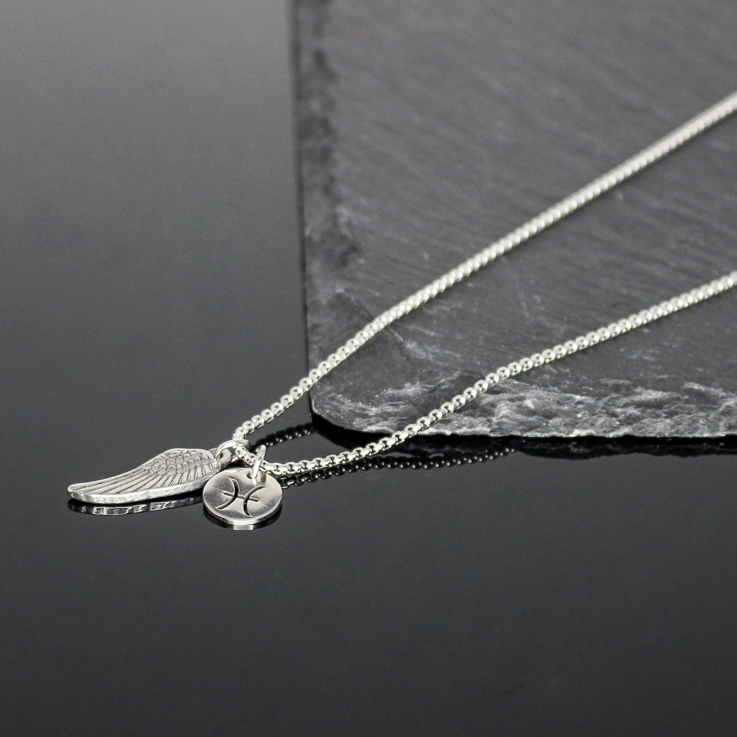 13209 Men’s Zodiac Pisces with Archangel Wing Double Pendant Necklace