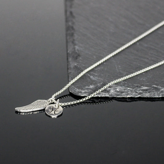 13209 Men’s Zodiac Pisces with Archangel Wing Double Pendant Necklace