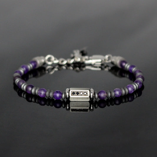 2028 Men’s Minimalist Matte Amethyst and Matte Hematite Beaded Bracelet