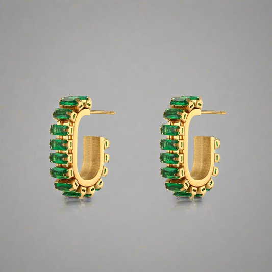 16154 Women’s Micro Pave Green CZ Gold Plated Stainless Steel Hoops Earrings