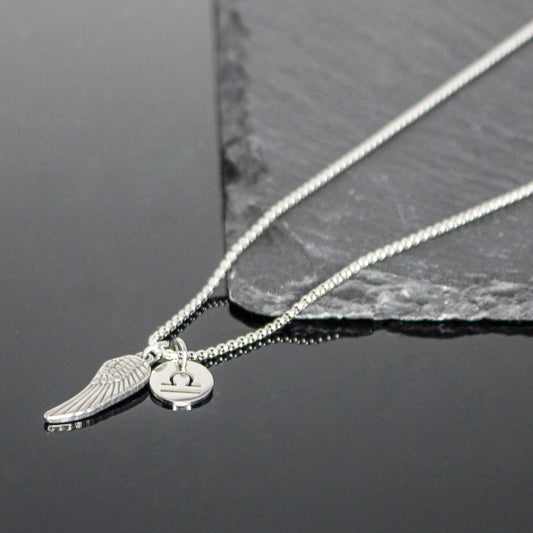 13209 Men’s Zodiac Libra with Archangel Wing Double Pendant Necklace