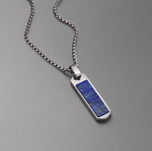 13216 Men’s Lapis Lazuli Rectangle Pendant Stainless Steel Necklace
